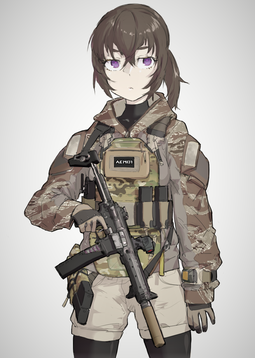 1girl alma01 bandolier bangs black_legwear black_shirt brown_gloves brown_hair brown_jacket camouflage_jacket closed_mouth collarbone commentary_request gloves grey_background grey_shorts gun hair_between_eyes highres holding holding_gun holding_weapon jacket long_hair long_sleeves looking_at_viewer military military_jacket original pantyhose shirt short_shorts shorts simple_background solo suppressor trigger_discipline violet_eyes weapon weapon_request