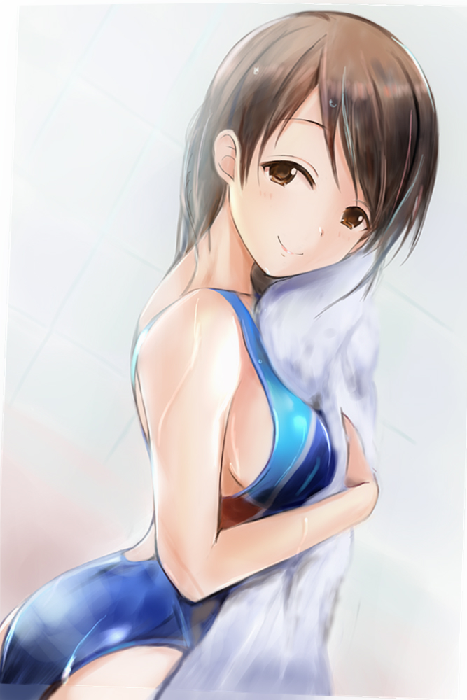 1girl ass blue_swimsuit brown_eyes brown_hair competition_swimsuit dutch_angle idolmaster idolmaster_cinderella_girls long_hair looking_at_viewer nannacy7 nitta_minami one-piece_swimsuit solo swimsuit towel white_towel