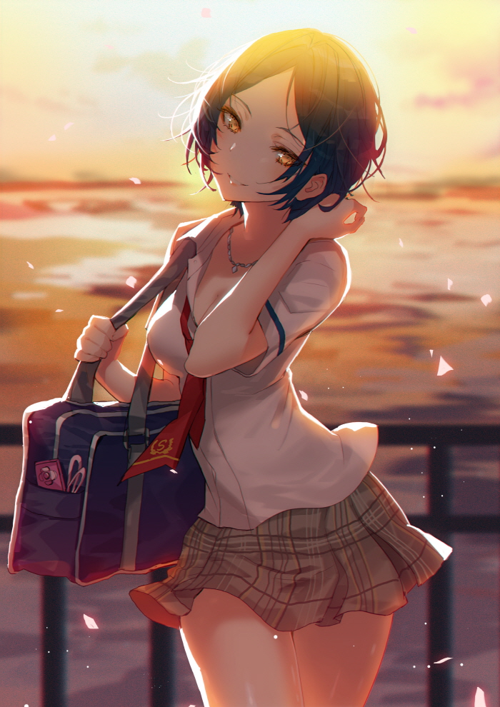 1girl bag bangs black_hair blurry breasts commentary cowboy_shot depth_of_field fence glowing hayami_kanade idolmaster idolmaster_cinderella_girls jewelry lloule looking_at_viewer medium_breasts miniskirt necklace necktie parted_bangs pleated_skirt red_neckwear school_uniform shirt short_hair skirt smile solo twilight white_shirt yellow_eyes