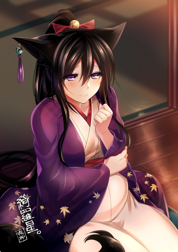 1girl animal_ears bell black_hair blush bow closed_mouth commentary_request ear_piercing fox_ears fox_tail hair_between_eyes hair_bow japanese_clothes jingle_bell kimono konshin long_sleeves looking_at_viewer original piercing ponytail porch pregnant red_bow sash smile solo tail tassel violet_eyes wide_sleeves