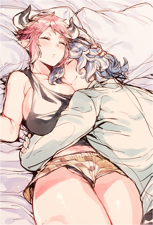 1boy 1girl animal_ears animal_print bangs bare_arms bare_shoulders bed between_breasts black_panties black_tank_top blue_hair blush boyshorts breast_pillow breasts brown_shorts closed_eyes closed_mouth couple cow_ears cow_horns drang_(granblue_fantasy) draph eno_yukimi granblue_fantasy hair_over_one_eye hand_on_another's_head head_between_breasts head_to_head hetero horns hug huge_breasts legs_together leopard_print long_hair long_sleeves lying midriff on_back on_stomach panties pantyshot pantyshot_(lying) parted_lips pillow pointy_ears print_shorts redhead revision shiny shiny_skin shirt short_hair shorts sidelocks sketch skindentation sleeping sleepwear smile sturm_(granblue_fantasy) tank_top underwear wavy_hair white_shirt