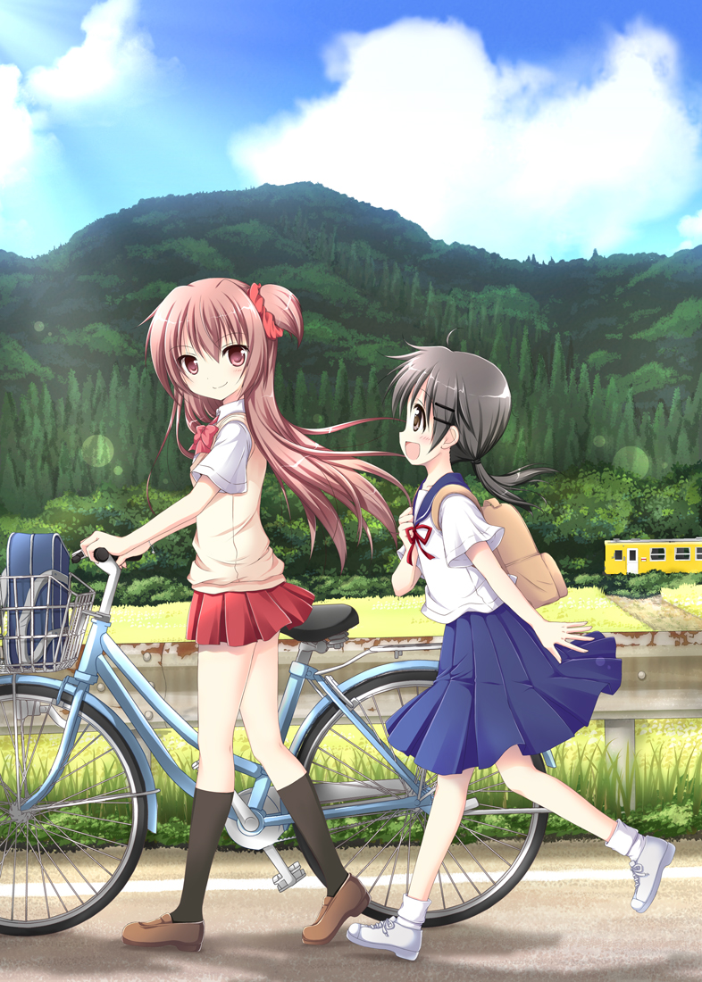 2girls backpack bag bicycle bicycle_basket bicycle_seat black_hair black_hairclip black_legwear blue_skirt blue_sky bow bowtie brown_footwear brown_hair building bush collared_shirt fence grass ground_vehicle hair_ornament hairclip long_hair looking_at_another low_twintails multiple_girls nanase_miori one_side_up open_mouth original outdoors pleated_skirt randoseru red_bow red_neckwear red_ribbon red_scrunchie red_skirt ribbon road rust school_uniform serafuku shadow shirt shoes short_hair short_sleeves skirt sky smile sweater_vest tree twintails vest walking wheel white_footwear white_legwear white_shirt yellow_vest