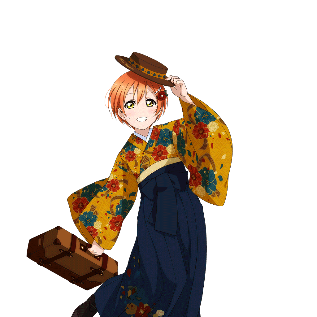 1girl alternate_costume artist_request bag bangs blue_hakama blush boots floral_print grin hair_ornament hairclip hakama hat holding hoshizora_rin japanese_clothes kimono love_live! love_live!_school_idol_festival love_live!_school_idol_project meiji_schoolgirl_uniform official_art orange_hair school_bag short_hair smile solo transparent_background wide_sleeves yellow_eyes