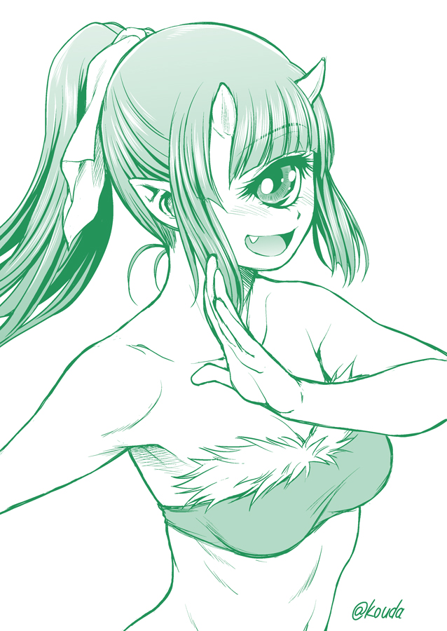 1girl :d bangs bare_arms bare_shoulders beltbra blunt_bangs breasts cyclops eyebrows_visible_through_hair fang green hand_up horns kouda_tomohiro large_breasts looking_at_viewer monochrome navel one-eyed oni oni_horns open_mouth original ponytail simple_background smile solo twitter_username upper_body white_background