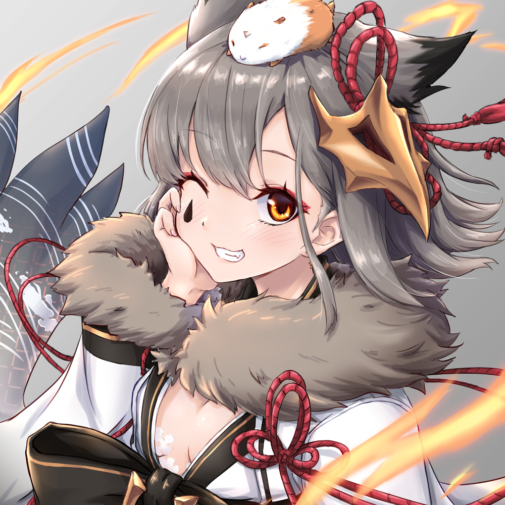 1girl animal_ears azur_lane bra bra_peek extra_ears fur-trimmed_kimono fur_trim grey_background ink_stain japanese_clothes kimono looking_at_viewer one_eye_closed simple_background smile solo suzutsuki_(azur_lane) underwear waa!_okami white_kimono yellow_eyes