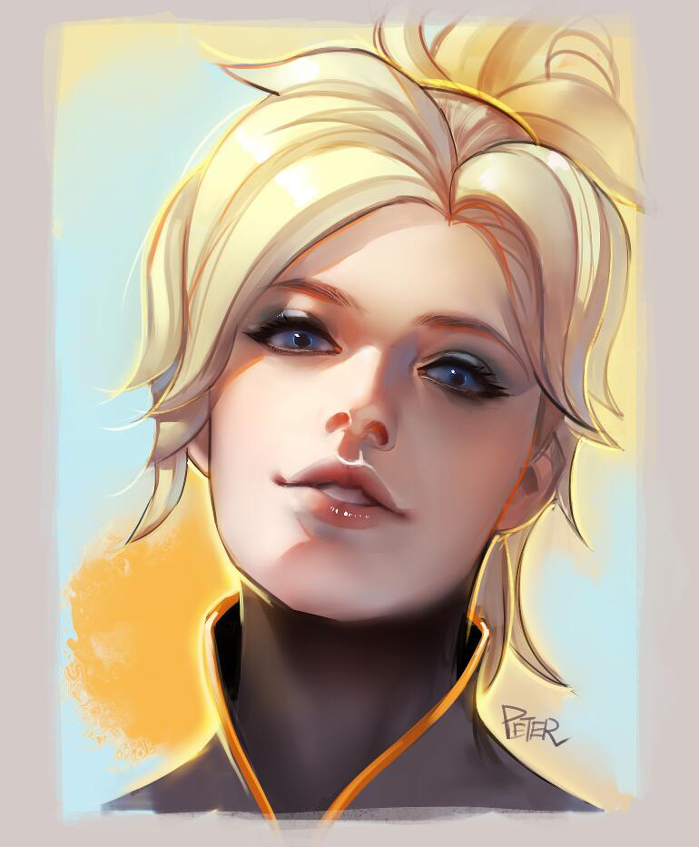 1girl artist_name blonde_hair blue_eyes eyelashes face high_collar high_ponytail lips looking_at_viewer mercy_(overwatch) overwatch parted_lips peter_xiao portrait short_hair solo upper_body