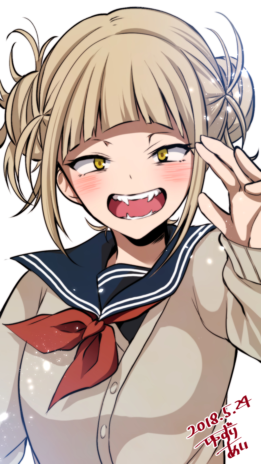 1girl 2018 bangs blonde_hair blunt_bangs blush boku_no_hero_academia cardigan dated double_bun fangs hair_bun half-closed_eyes highres long_sleeves looking_at_viewer open_mouth red_neckwear sailor_collar school_uniform short_twintails simple_background smile solo teeth toga_himiko twintails upper_body waving white_background yellow_eyes yuzuri_ai