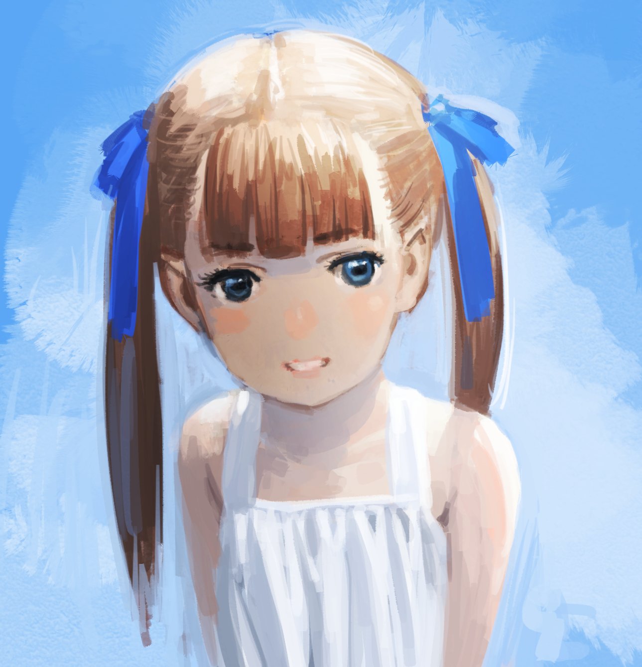 1girl bangs bare_shoulders blue_background blue_eyes blue_ribbon blunt_bangs brown_hair dress eyebrows_visible_through_hair hair_ribbon highres looking_at_viewer nazoani_museum original ribbon smile solo twintails upper_body white_dress