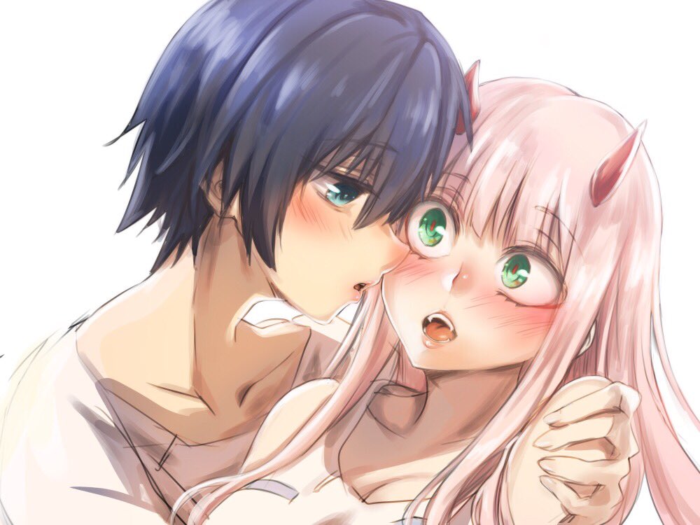 1boy 1girl bangs black_hair blue_eyes blush breasts cleavage collarbone commentary_request couple darling_in_the_franxx eyebrows_visible_through_hair fangs fringe green_eyes hand_on_another's_shoulder herozu_(xxhrd) hetero hiro_(darling_in_the_franxx) horns long_hair looking_at_another nightgown oni_horns open_mouth pajamas pink_hair red_horns short_hair white_pajamas zero_two_(darling_in_the_franxx)