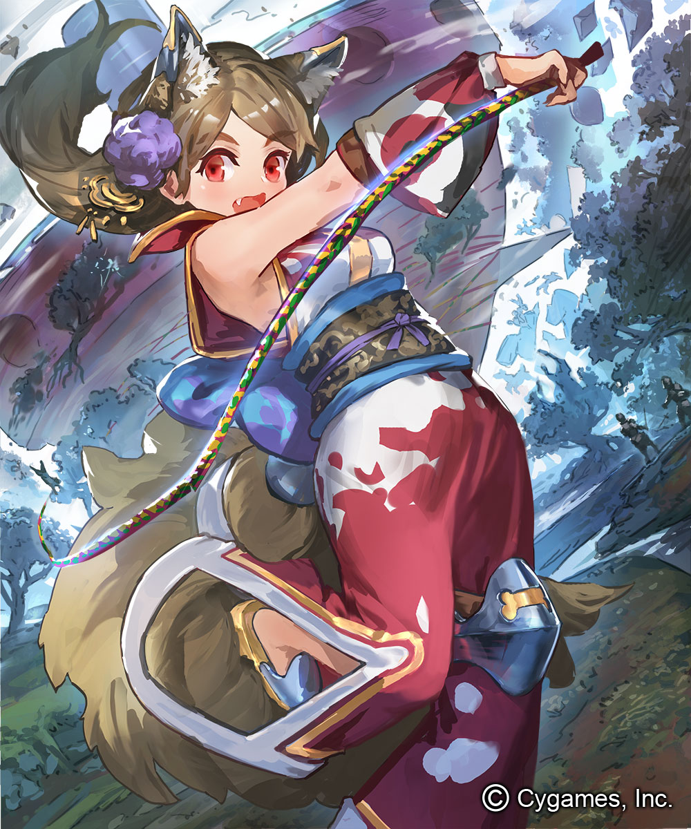 1girl :o animal_ears brown_hair cat_ears daible detached_sleeves fang full_body highres japanese_clothes kimono long_hair red_eyes sandals shingeki_no_bahamut solo standing tail whip