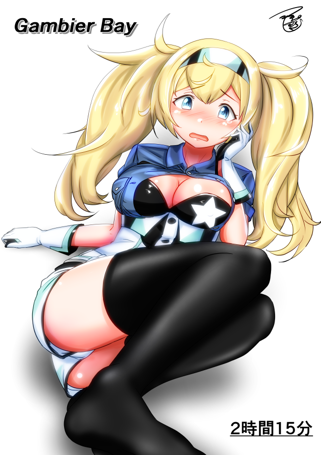 1girl belt black_legwear blonde_hair blue_eyes blue_shirt blush breast_pocket breasts character_name cleavage collared_shirt crying gambier_bay_(kantai_collection) gloves hair_between_eyes hairband kantai_collection large_breasts long_hair open_mouth pocket shirt shirt_pull short_sleeves shorts signature simple_background solo tears thigh-highs tsukino_murakumo twintails white_background