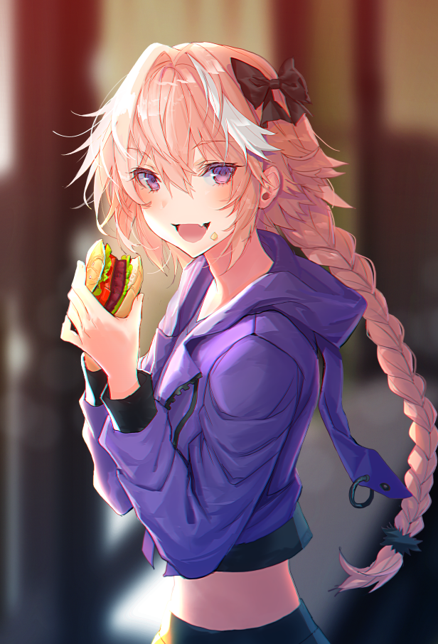 1boy :d astolfo_(fate) bangs bite_mark black_bow blurry blurry_background blush bow braid cropped_jacket depth_of_field eyebrows_visible_through_hair fang fate/apocrypha fate_(series) food food_on_face from_side hair_between_eyes hair_bow hair_intakes hamburger holding holding_food hood hood_down hooded_jacket jacket lloule long_hair long_sleeves looking_at_viewer looking_to_the_side male_focus midriff multicolored_hair open_mouth pink_hair purple_jacket sidelocks single_braid smile solo standing streaked_hair trap violet_eyes white_hair