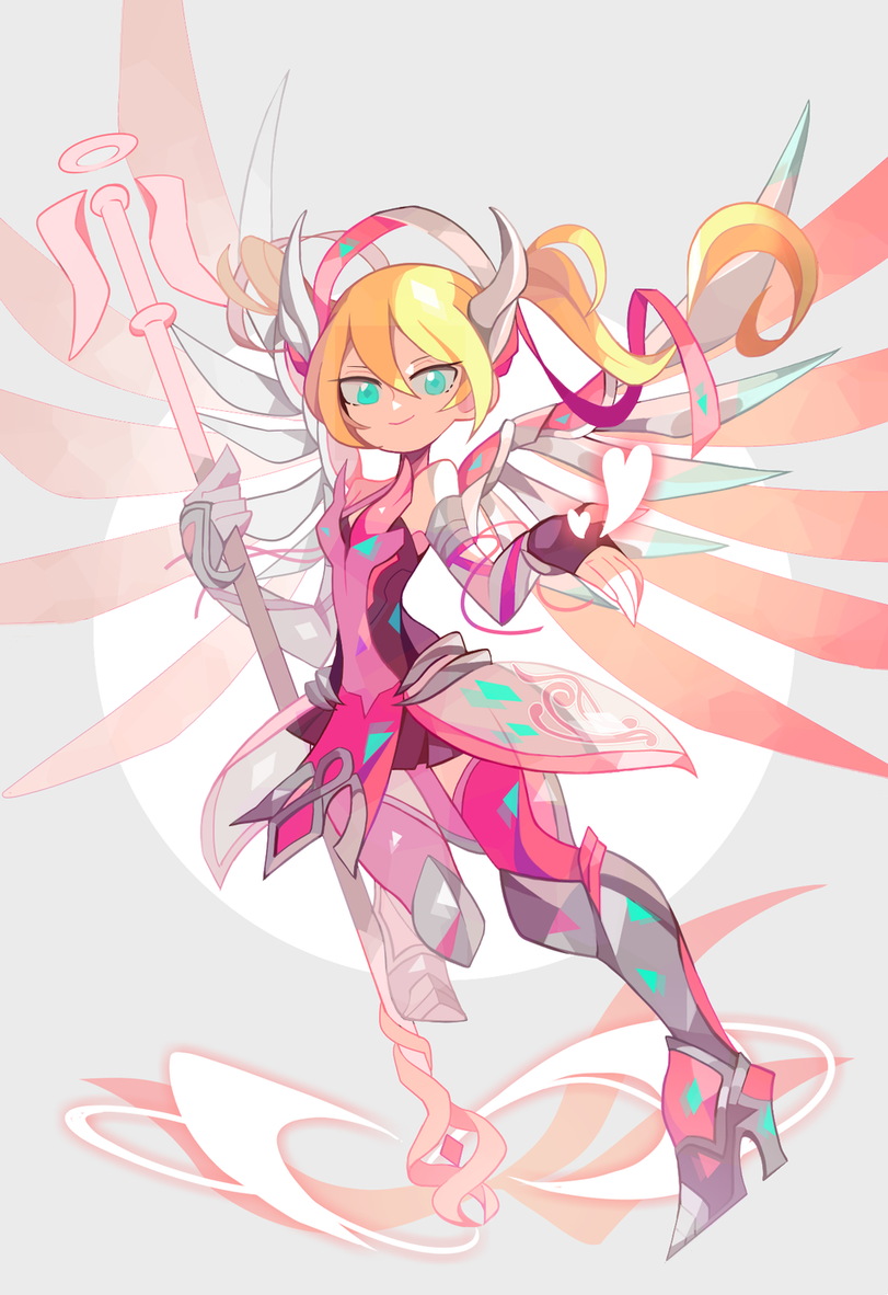 1girl amakusa_(hidorozoa) armored_boots blonde_hair blue_eyes boots closed_mouth fingerless_gloves floating gloves hair_between_eyes high_heel_boots high_heels holding horns long_hair looking_at_viewer overwatch pink_mercy smile solo staff standing standing_on_one_leg twintails