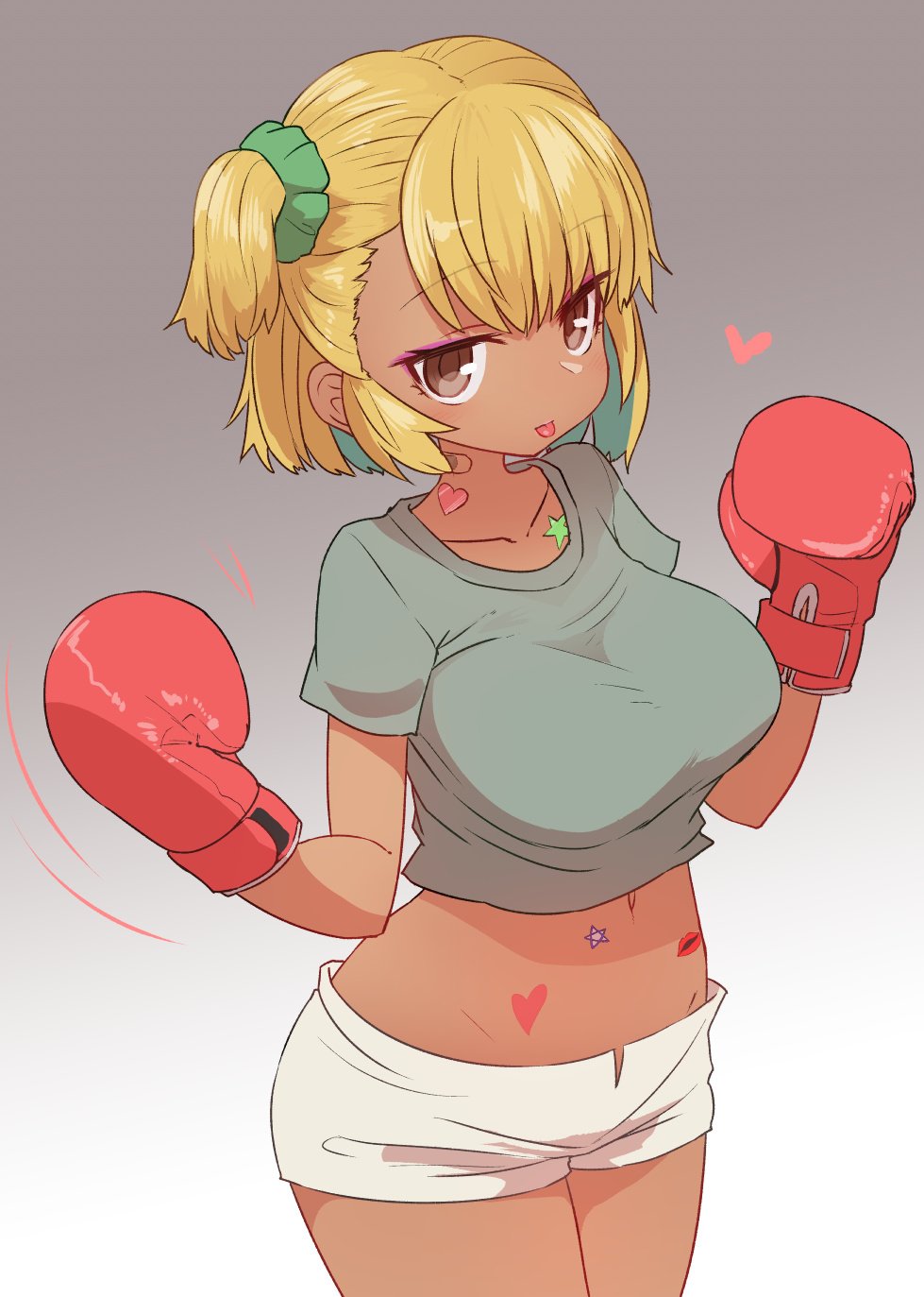 1girl :p blonde_hair blush boxing_gloves breasts brown_eyes commentary_request cowboy_shot dark_skin eyeshadow gradient gradient_background grey_background hair_ornament hair_scrunchie hands_up heart highres large_breasts looking_at_viewer makeup one_side_up original scrunchie short_hair short_shorts shorts smile solo sumiyao_(amam) tongue tongue_out white_shorts