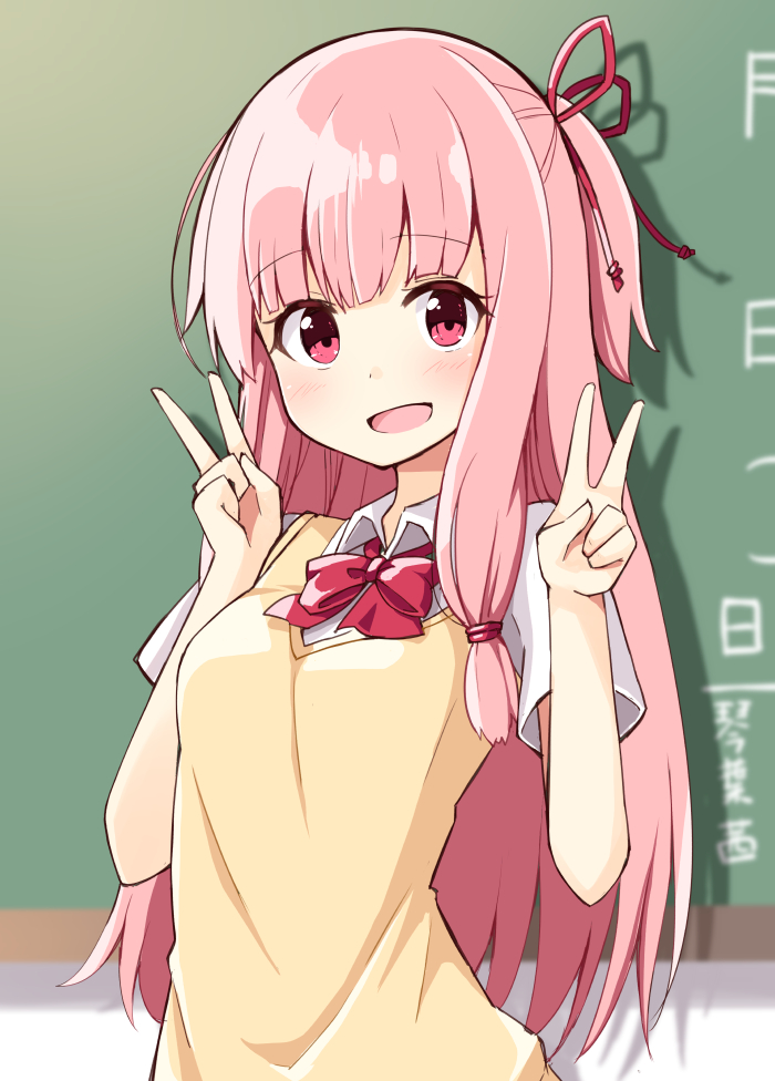 1girl :d bangs blurry blurry_background blush bow bowtie breasts chalkboard collared_shirt depth_of_field double_v eyebrows_visible_through_hair hair_ribbon hands_up kotonoha_akane long_hair looking_at_viewer medium_breasts ominaeshi_(takenoko) one_side_up open_mouth pink_hair red_eyes red_neckwear red_ribbon ribbon school_uniform shirt short_sleeves smile solo sweater_vest translated v very_long_hair voiceroid white_shirt