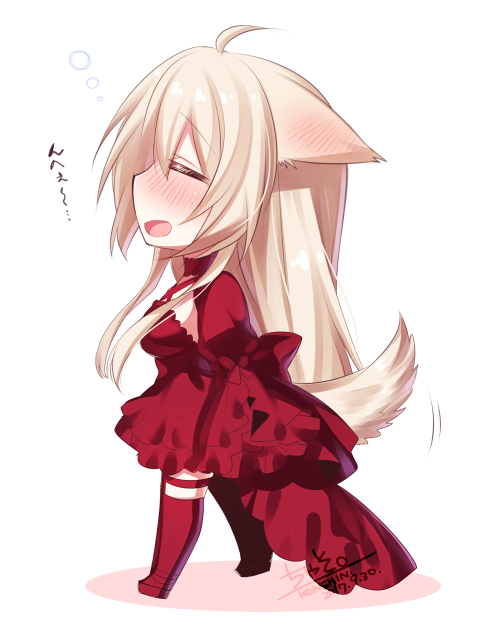 1girl :d ahoge animal_ears blonde_hair blush chibi commentary_request dated dress ears_down from_side konshin long_sleeves open_mouth original red_dress red_legwear sideways_mouth signature sleeves_past_fingers smile solo standing tail thigh-highs