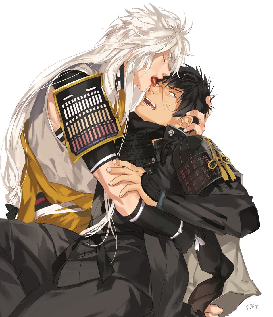 2boys animal_ears arm_around_waist armor black_hair doudanuki_masakuni eye_licking fox_ears japanese_armor japanese_clothes kogitsunemaru licking long_hair male_focus multiple_boys okki2012 scar sode touken_ranbu very_long_hair white_hair yellow_eyes