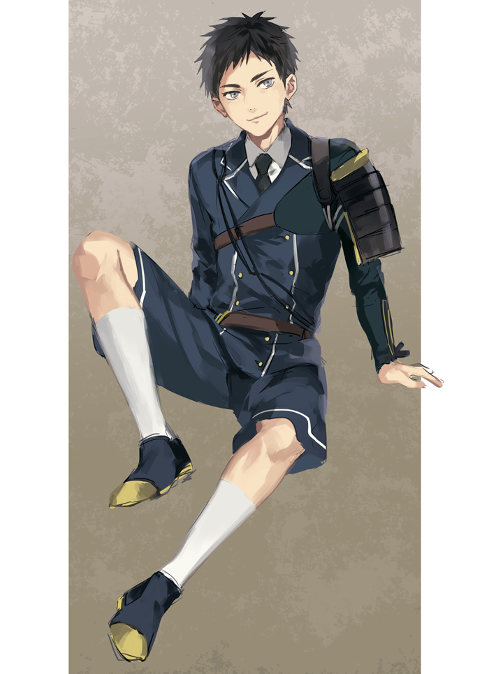 1boy armor atsushi_toushirou black_eyes black_hair japanese_armor kneehighs male_focus military military_uniform necktie okki2012 shorts single_pauldron sitting sode solo touken_ranbu uniform white_legwear