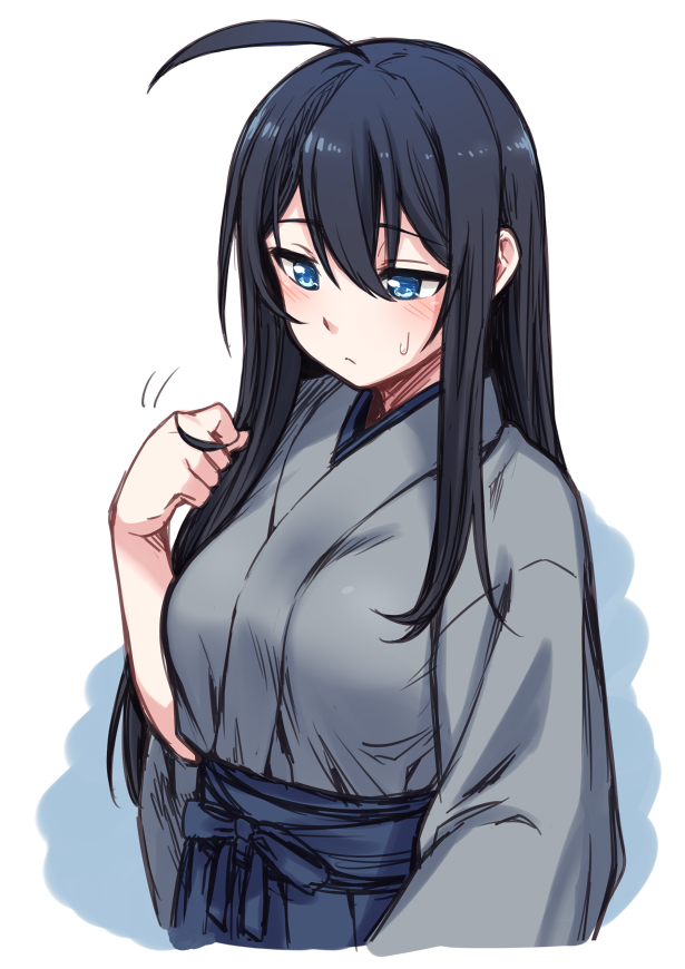 1girl ahoge bangs blue_eyes blue_hair blue_hakama blush closed_mouth commentary_request copyright_request fidgeting hair_between_eyes hair_twirling hakama japanese_clothes long_hair long_sleeves looking_down motion_lines solo sweatdrop upper_body yagi_(ningen)