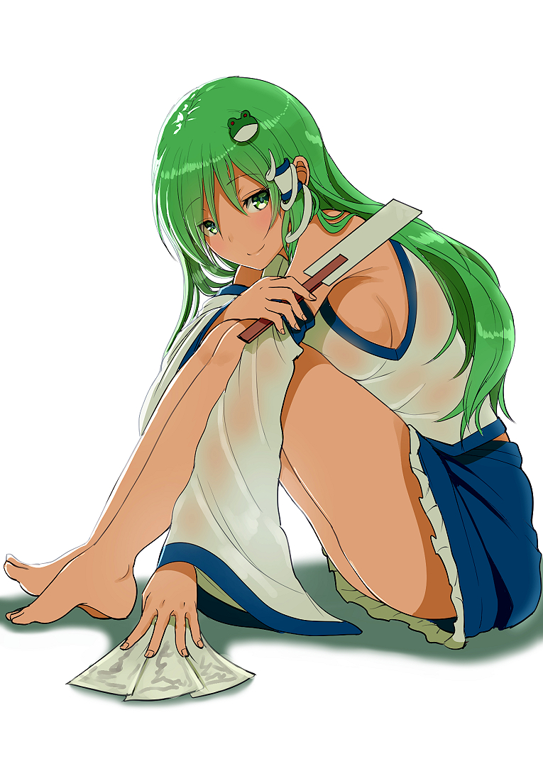 1girl blue_skirt breasts collared_shirt detached_sleeves frog_hair_ornament gohei green_eyes green_hair hair_ornament hair_tubes juliet_sleeves kochiya_sanae long_hair long_sleeves medium_breasts nontraditional_miko ofuda opanchu_(hakusen) puffy_sleeves shirt skirt sleeveless sleeveless_shirt smile snake_hair_ornament solo touhou white_background white_shirt wide_sleeves