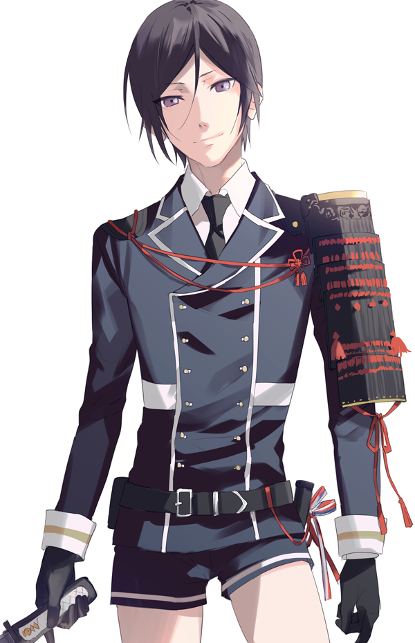 1boy armor black_gloves black_hair gloves holding holding_sword holding_weapon japanese_armor male_focus military military_uniform necktie okki2012 shorts single_pauldron sode solo sword tantou touken_ranbu uniform violet_eyes weapon yagen_toushirou