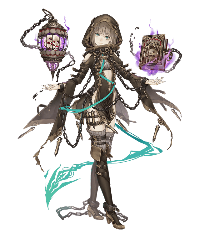 1girl aqua_eyes belt book boots brown_hair cage chains cuffs full_body gretel_(sinoalice) hansel_(sinoalice) head_tilt high_heels jino knee_boots legs_crossed looking_at_viewer official_art shackles sinoalice smile solo thigh-highs transparent_background watson_cross