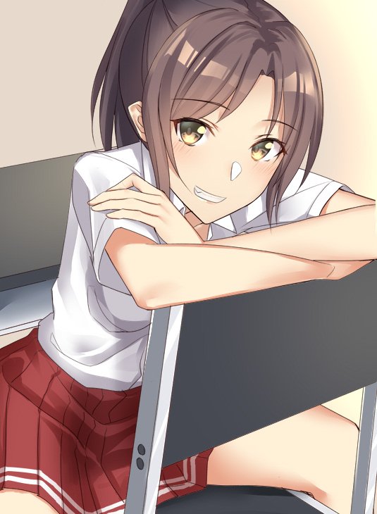 1girl bangs blush brown_hair chair commentary_request copyright_request crossed_arms eyebrows_visible_through_hair legs_apart looking_at_viewer pallad parted_bangs pleated_skirt ponytail red_skirt shirt short_sleeves sitting skirt smile solo white_shirt yellow_eyes
