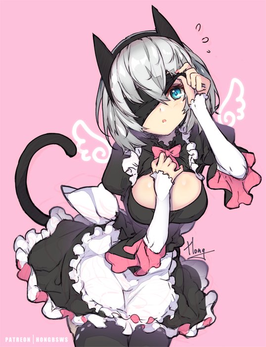 1girl :o alternate_costume animal_ears apron black_dress black_legwear blindfold blindfold_slip blue_eyes blush breasts cat_ears cat_tail cleavage_cutout dress enmaided flying_sweatdrops grey_hair hairband hong_(white_spider) kemonomimi_mode large_breasts leaning_forward long_sleeves looking_at_viewer maid maid_apron nier_(series) nier_automata parted_lips patreon_username pink_background short_hair simple_background solo standing tail thigh-highs white_apron wings yorha_no._2_type_b