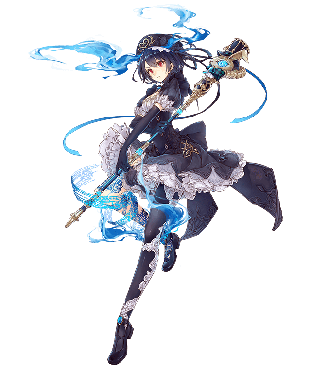 1girl alice_(sinoalice) asymmetrical_legwear black_hair boots elbow_gloves eyebrows_visible_through_hair frilled_skirt frills full_body gloves hat jino official_art puffy_sleeves red_eyes ribbon serious short_hair sinoalice skirt solo staff tattoo transparent_background