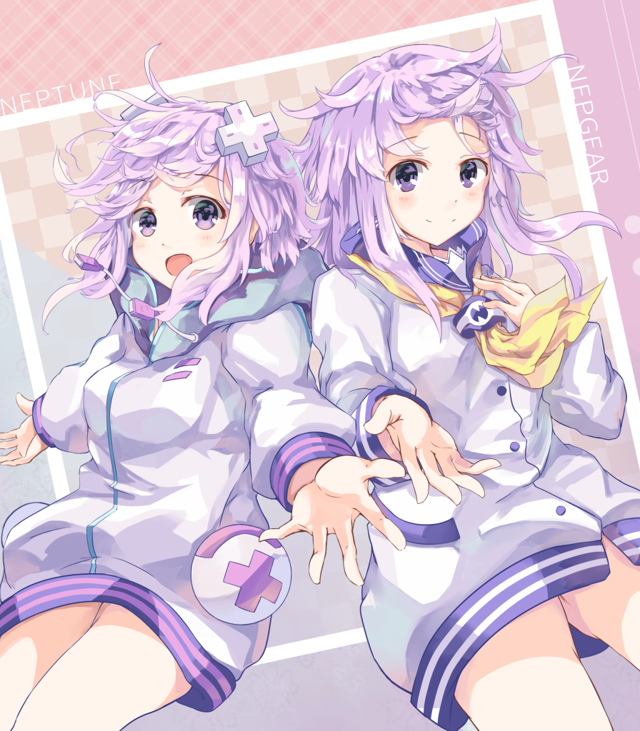 2girls :o alternate_hair_length alternate_hairstyle blush character_name checkered checkered_background cowboy_shot curly_hair d-pad d-pad_hair_ornament hair_ornament hood hooded_jacket jacket looking_at_viewer medium_hair multiple_girls nepgear neptune_(choujigen_game_neptune) neptune_(series) purple_hair reaching_out sailor_collar shinsoyori shoulder-to-shoulder siblings sisters smile violet_eyes