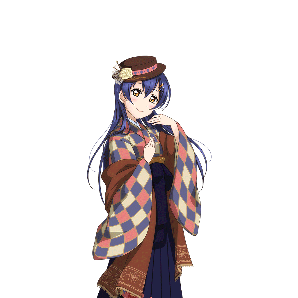 1girl alternate_costume artist_request bangs blue_hair blue_hakama blush checkered hair_ornament hairclip hakama hat japanese_clothes kimono long_hair love_live! love_live!_school_idol_festival love_live!_school_idol_project meiji_schoolgirl_uniform official_art smile solo sonoda_umi transparent_background wide_sleeves yellow_eyes