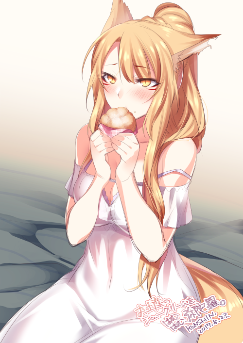 1girl animal_ears bare_shoulders blonde_hair blush breasts cleavage commentary_request dated dress eating facial_mark food food_on_face holding holding_food konshin large_breasts long_hair original ponytail short_dress signature sitting slit_pupils solo tail white_dress yellow_eyes
