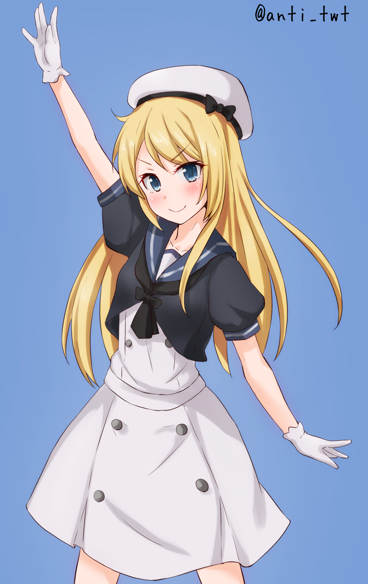 1girl anti_(untea9) arm_up blonde_hair blue_background blue_eyes blue_sailor_collar dress gloves hat highres jervis_(kantai_collection) kantai_collection long_hair sailor_collar sailor_dress sailor_hat short_sleeves smile solo twitter_username white_dress white_gloves white_hat