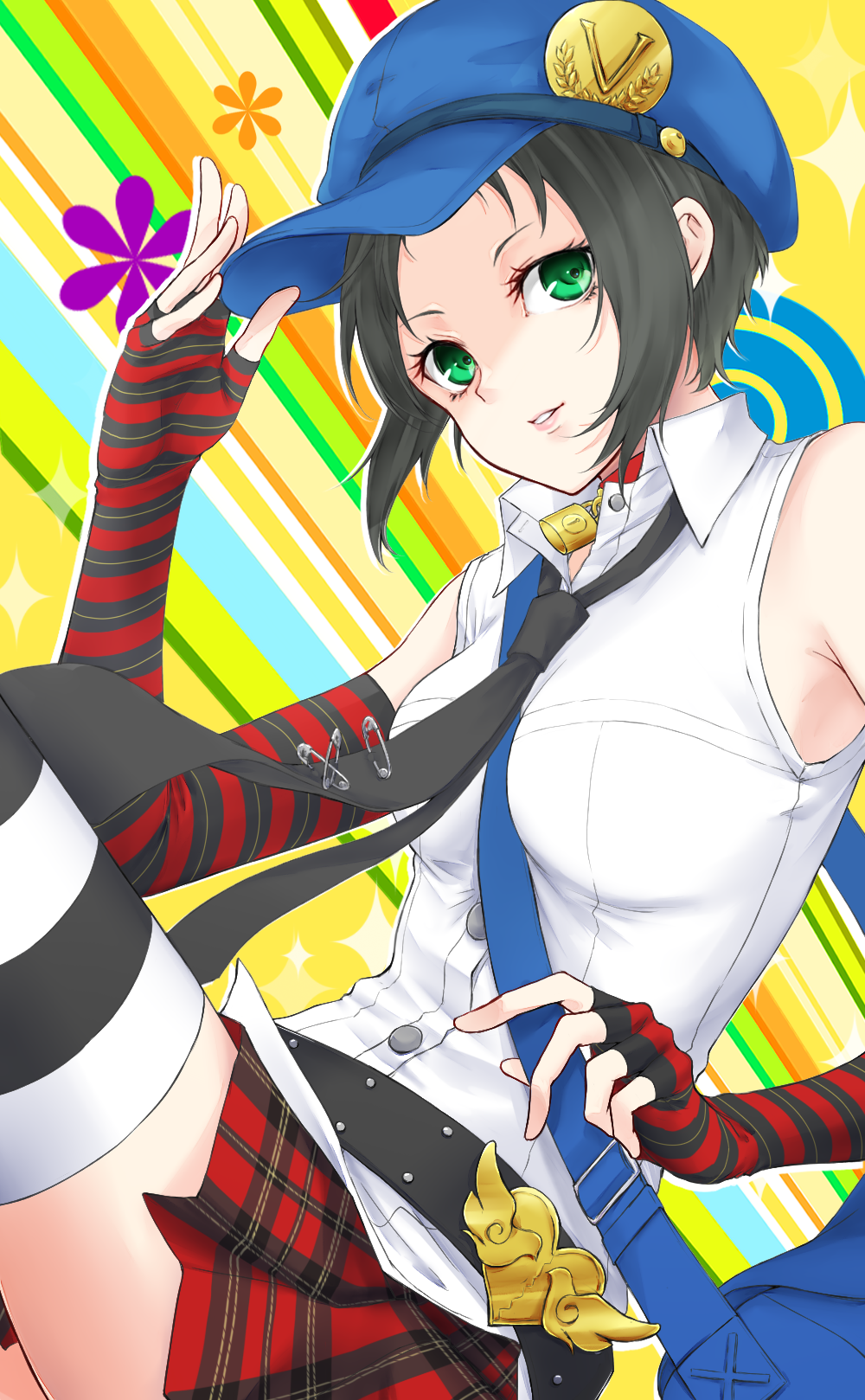 1girl aoyashio_rin black_hair black_neckwear blue_hat dress_shirt elbow_gloves fingerless_gloves gloves green_eyes hat highres marie_(persona_4) miniskirt necktie parted_lips persona persona_4 persona_4_the_golden pleated_skirt red_skirt shirt short_hair sidelocks skirt sleeveless sleeveless_shirt smile solo striped striped_gloves striped_legwear thigh-highs white_shirt zettai_ryouiki