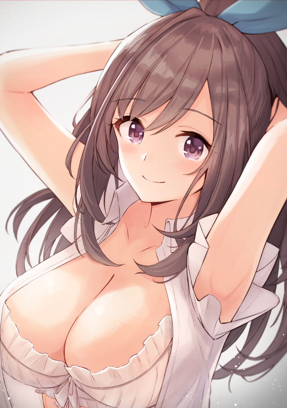 1girl anza_tomo armpits bangs blue_bow blush bow bra breasts brown_hair cleavage closed_mouth collarbone collared_shirt commentary eyebrows_visible_through_hair frilled_bra frills hair_bow highres idolmaster idolmaster_shiny_colors large_breasts long_hair looking_at_viewer open_clothes open_shirt ponytail ribbon shirt smile solo tsukioka_kogane underwear upper_body violet_eyes white_bra