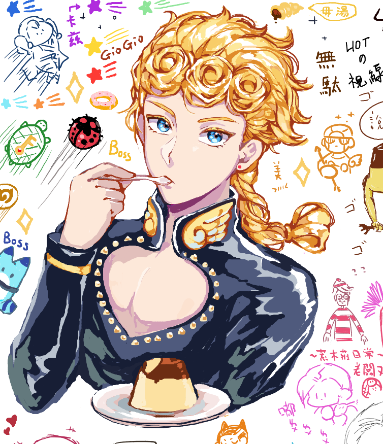 blonde_hair blue_eyes bug chocolate_cornet cleavage_cutout coco_jumbo doughnut eating food giorno_giovanna gold_experience insect jewelry jojo_no_kimyou_na_bouken kemono_friends ladybug looking_at_viewer lucky_beast_(kemono_friends) pudding risotto_nero vento_aureo vinegar_doppio