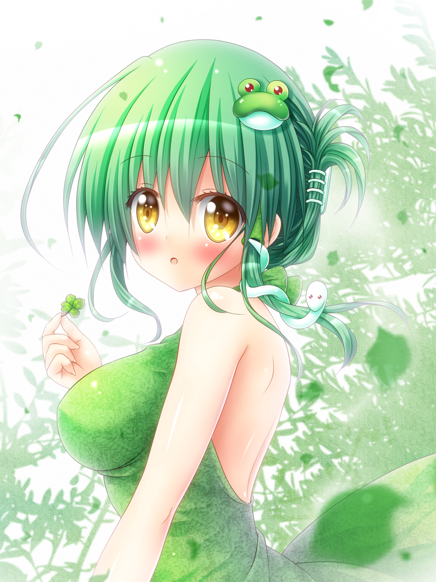 1girl alternate_hairstyle backless_outfit bare_shoulders blush clover commentary_request dress folded_ponytail four-leaf_clover frog_hair_ornament green_dress green_hair hair_between_eyes hair_ornament highres kochiya_sanae leaf long_hair looking_at_viewer open-back_dress open_mouth osashin_(osada) snake_hair_ornament solo touhou upper_body yellow_eyes