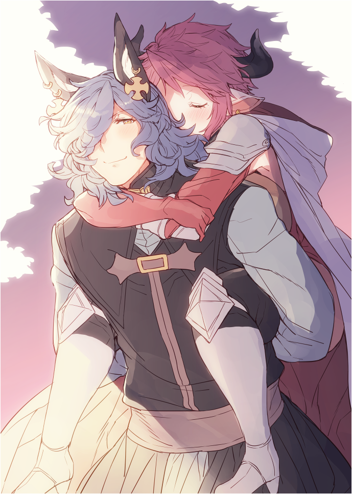 1boy 1girl animal_ears armored_boots bangs black_pants black_shirt blue_hair blue_shirt blush boots cape carrying closed_eyes closed_mouth couple cow_ears cow_horns cross cross_earrings drang_(granblue_fantasy) draph earrings elbow_gloves eno_yukimi eyebrows_visible_through_hair gloves granblue_fantasy hair_over_one_eye high_heel_boots high_heels hood hood_down horns hug jewelry knee_pads long_hair looking_at_viewer outdoors pants piggyback pink_hair pointy_ears red_cape red_gloves shirt short_hair sidelocks sleeping smile spaulders standing sturm_(granblue_fantasy) sunlight wavy_hair white_cape yellow_eyes