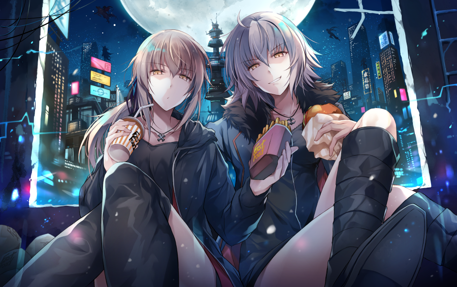 2girls artoria_pendragon_(all) blonde_hair city commentary_request cup drinking_straw eating fate/grand_order fate_(series) food french_fries fur_trim hamburger hirai_yuzuki jacket jeanne_d'arc_(alter)_(fate) jeanne_d'arc_(fate)_(all) jewelry moon multiple_girls necklace night night_sky pale_skin ponytail saber_alter silver_hair sitting sky smile star_(sky) wicked_dragon_witch_ver._shinjuku_1999 yellow_eyes