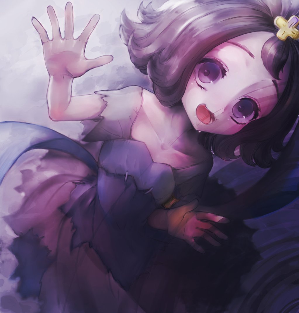 acerola_(pokemon) black_dress black_eyes black_hair collarbone dress hair_ornament hand_up melontic2 pokemon pokemon_(game) pokemon_sm purple_dress purple_hair violet_eyes