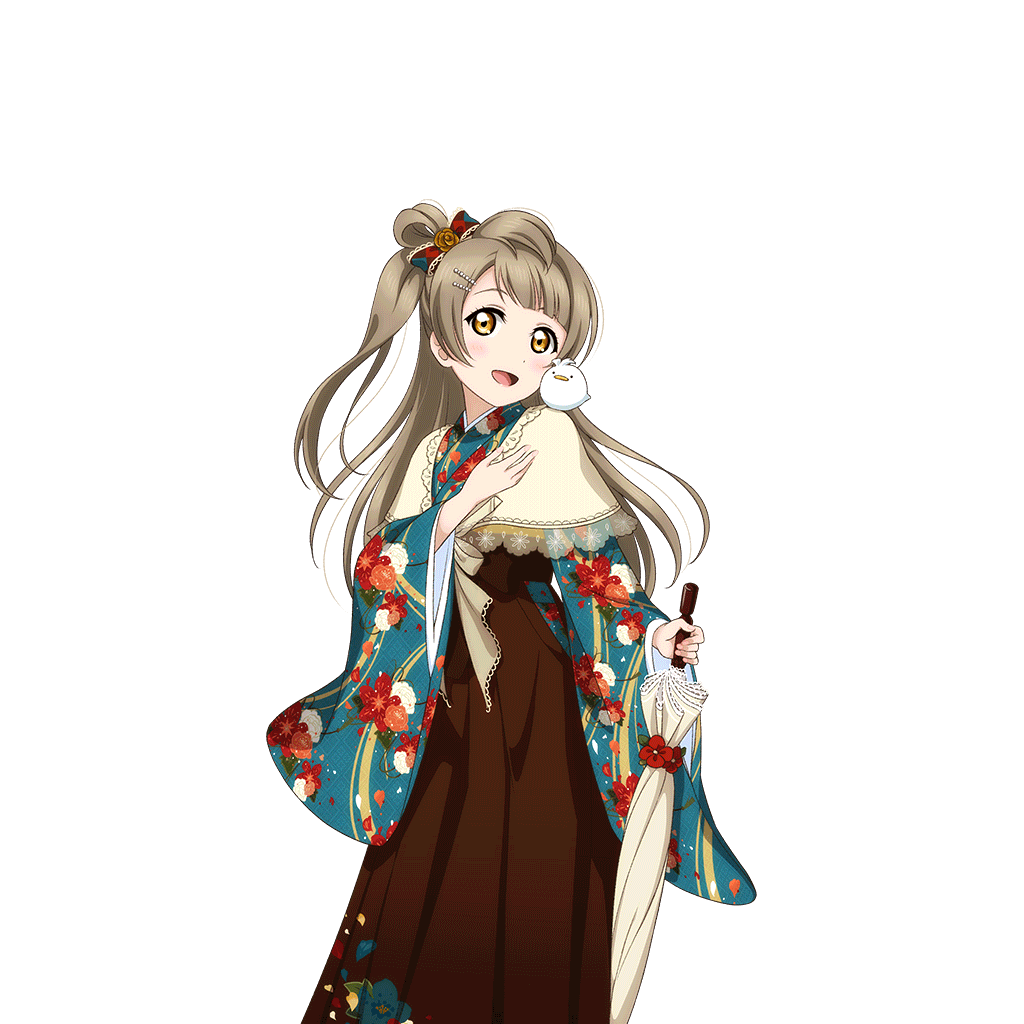 1girl alternate_costume animal animal_on_shoulder artist_request bangs bird bird_on_shoulder blush bow brown_eyes brown_hair brown_hakama floral_print hair_ornament hairclip hakama holding japanese_clothes kimono lace long_hair looking_at_viewer love_live! love_live!_school_idol_festival love_live!_school_idol_project meiji_schoolgirl_uniform minami_kotori official_art one_side_up open_mouth smile solo transparent_background umbrella wide_sleeves