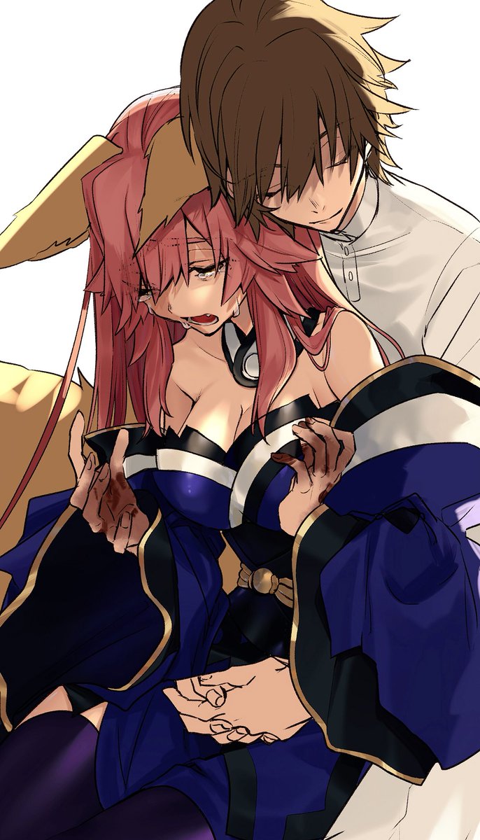 animal_ears blood crying fate/extra fate_(series) fox_ears fox_girl fox_tail highres hino_hinako hug hug_from_behind image_sample kishinami_hakuno_(male) tagme tail tamamo_(fate)_(all) tamamo_no_mae_(fate) twitter_sample