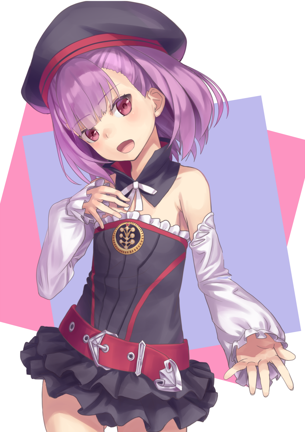 1girl :d bangs bare_shoulders beret black_dress black_hat blush commentary_request cowboy_shot detached_sleeves doonatsu. dress eyebrows_visible_through_hair fate/grand_order fate_(series) gluteal_fold hand_on_own_chest hand_up hat head_tilt helena_blavatsky_(fate/grand_order) highres long_sleeves looking_at_viewer open_mouth outstretched_arm puffy_long_sleeves puffy_sleeves purple_hair red_belt red_eyes smile solo strapless strapless_dress tree_of_life