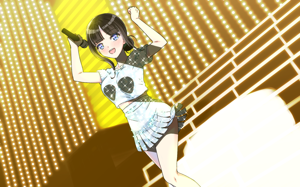1girl :d alternate_hairstyle arms_up bangs blue_eyes blush breasts collarbone commentary_request dutch_angle eyebrows_visible_through_hair hair_bun hair_up holding holding_microphone medium_breasts microphone nijisanji open_mouth shirihime shirt short_hair skirt smile solo sparkle suzuka_utako upper_teeth virtual_youtuber white_shirt white_skirt