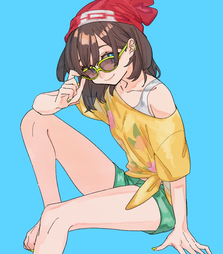 1girl barefoot beanie blue_background blue_eyes brown_hair cropped_legs floral_print green-framed_eyewear green_shorts hat itou_(very_ito) looking_at_viewer mizuki_(pokemon) no_shoes off-shoulder_shirt pokemon pokemon_(game) pokemon_sm red_hat shirt short_hair short_shorts short_sleeves shorts simple_background smile solo sunglasses t-shirt tied_shirt yellow_shirt