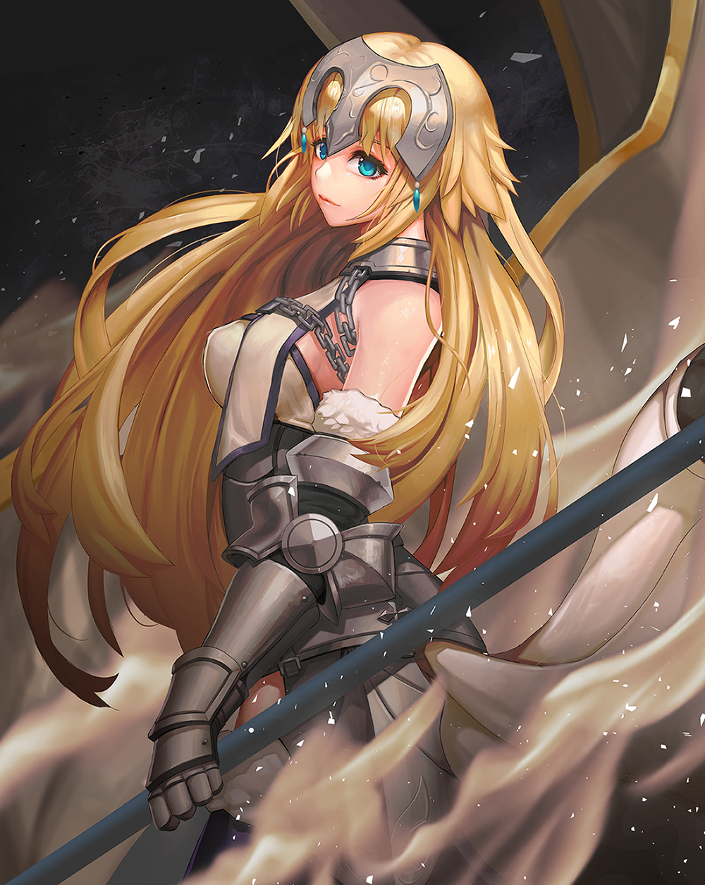 1girl armor armored_dress blonde_hair blue_eyes breasts chains fate/grand_order fate_(series) flagpole frown gauntlets headpiece highres jeanne_d'arc_(fate) jeanne_d'arc_(fate)_(all) large_breasts long_hair looking_at_viewer solo ssal