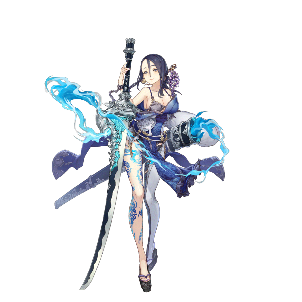 1girl asymmetrical_legwear black_hair breasts full_body grey_eyes hair_ornament hairpin jino kaguya_hime_(sinoalice) large_breasts nail_polish official_art platform_footwear sandals sheath sinoalice solo sword tattoo transparent_background weapon