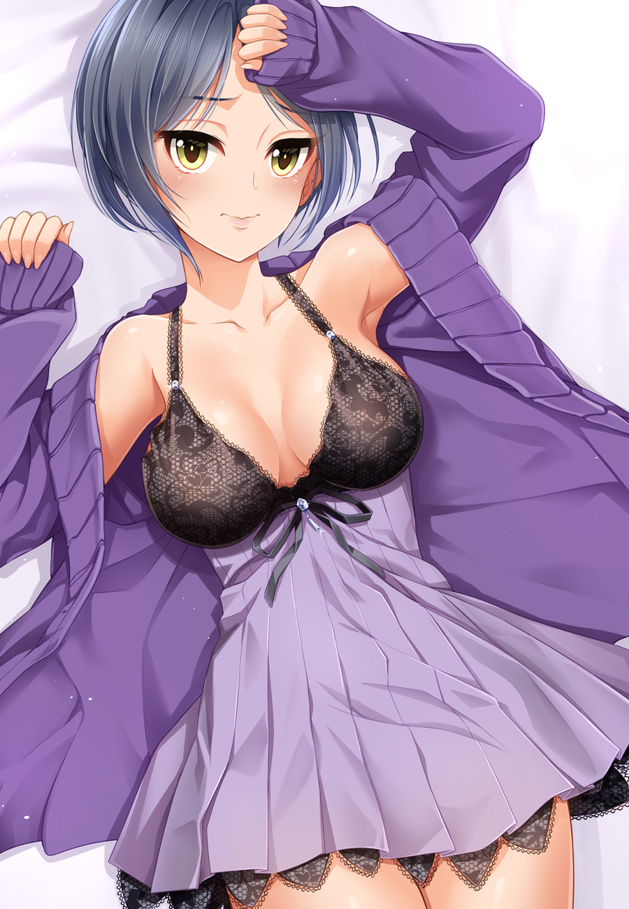 1girl armpits arms_up bangs black_bra black_hair blush bra breasts cleavage collarbone dress hayami_kanade highres idolmaster idolmaster_cinderella_girls kazu lace lace-trimmed_bra looking_at_viewer lying medium_breasts on_back parted_bangs purple_dress short_hair solo underwear yellow_eyes