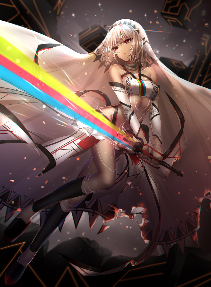 1girl altera_(fate) bangs bare_shoulders black_footwear black_legwear blurry blurry_background breasts commentary_request crop_top dark_skin depth_of_field detached_sleeves eyebrows_visible_through_hair fate/extella fate/extra fate_(series) hair_between_eyes holding holding_sword holding_weapon kneehighs long_sleeves mallizmora photon_ray red_eyes shoes short_hair silver_hair small_breasts solo sword torn_clothes torn_veil veil weapon