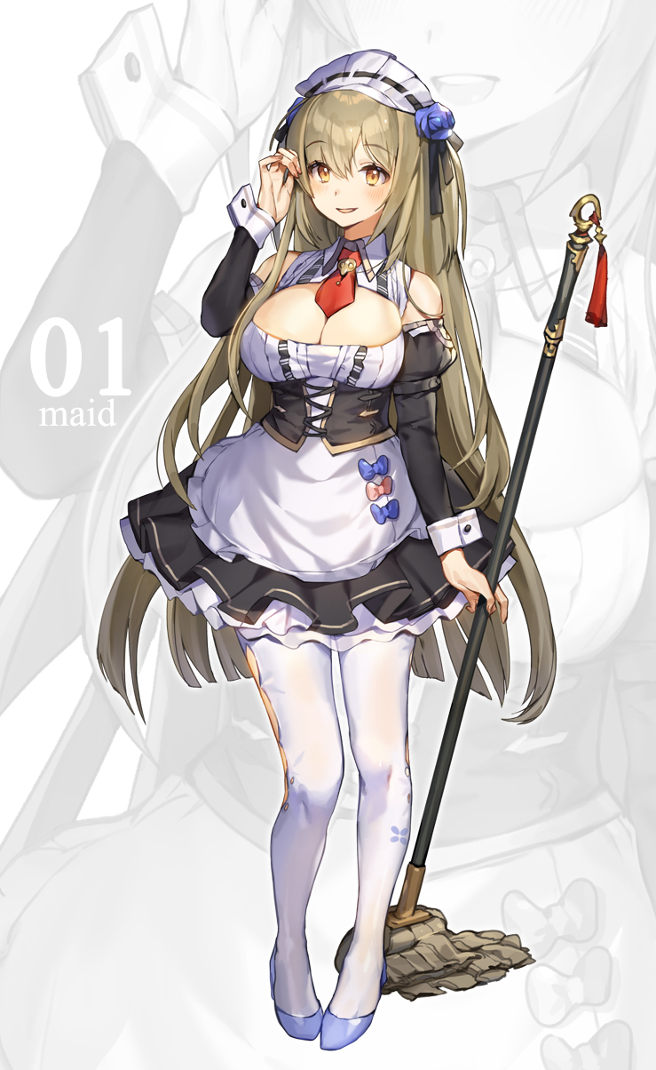 1girl bare_shoulders black_skirt blue_footwear breasts brown_hair cleavage detached_sleeves flower hair_flower hair_ornament hand_up highres holding_mop large_breasts long_hair maid mop original pantyhose red_neckwear skirt solo very_long_hair white_legwear whoisshe zoom_layer